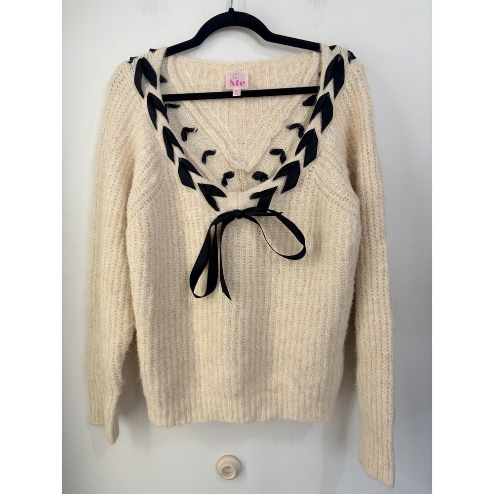 So Me Fuzzy Knit Sweater Womens M Cream Ivory Black Ribbon Bow Y2K Coquette